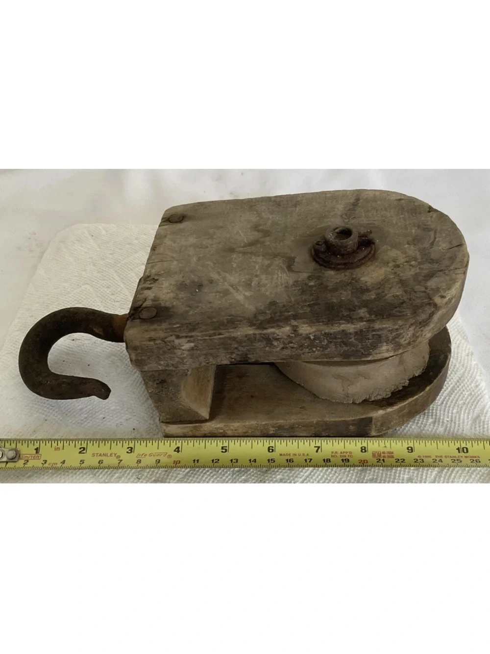 Vintage Wooden Barn Pully Wood Wheel W/ Iron Hook Great Display
